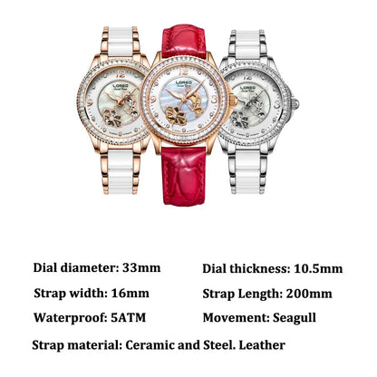 Diamond Bezel Shell Dial Women Watches Automatic Mechanical Premium Leather Strap Wrist Watches Ladies 5ATM Waterproof