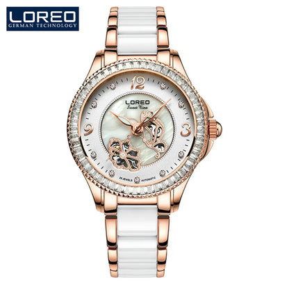 Diamond Bezel Shell Dial Women Watches Automatic Mechanical Premium Leather Strap Wrist Watches Ladies 5ATM Waterproof