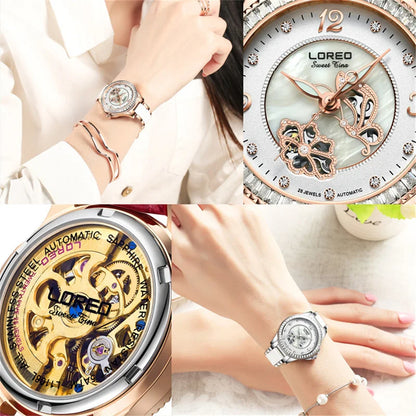 Diamond Bezel Shell Dial Women Watches Automatic Mechanical Premium Leather Strap Wrist Watches Ladies 5ATM Waterproof