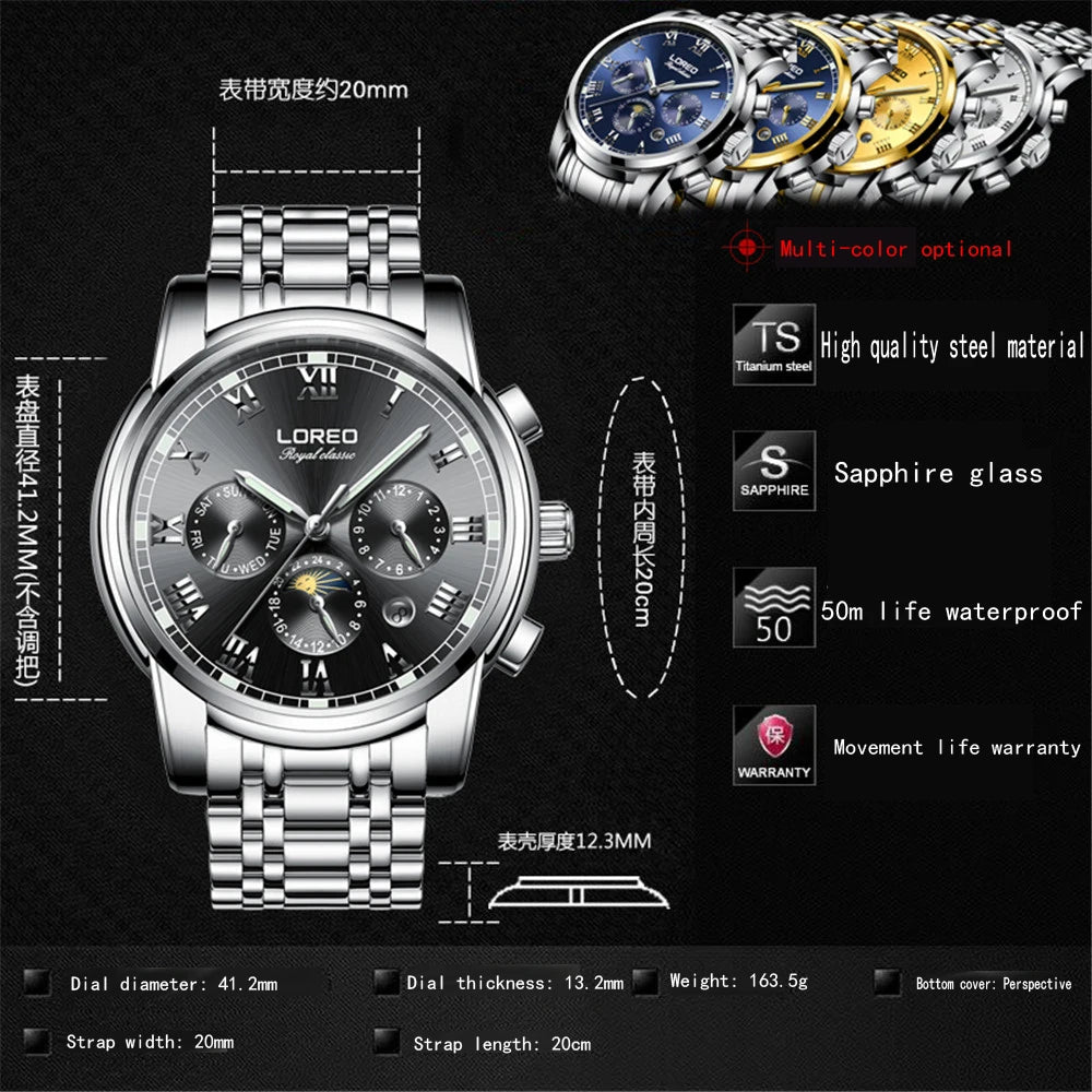 Luxury Brand Rome Time Automatic Men Watch 5ATM Waterproof Luminous Date Moon Phase Mechanical Watch Men Seagull Movement