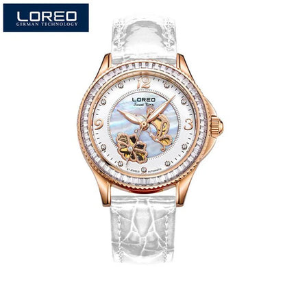 Diamond Bezel Shell Dial Women Watches Automatic Mechanical Premium Leather Strap Wrist Watches Ladies 5ATM Waterproof