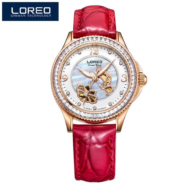 Diamond Bezel Shell Dial Women Watches Automatic Mechanical Premium Leather Strap Wrist Watches Ladies 5ATM Waterproof