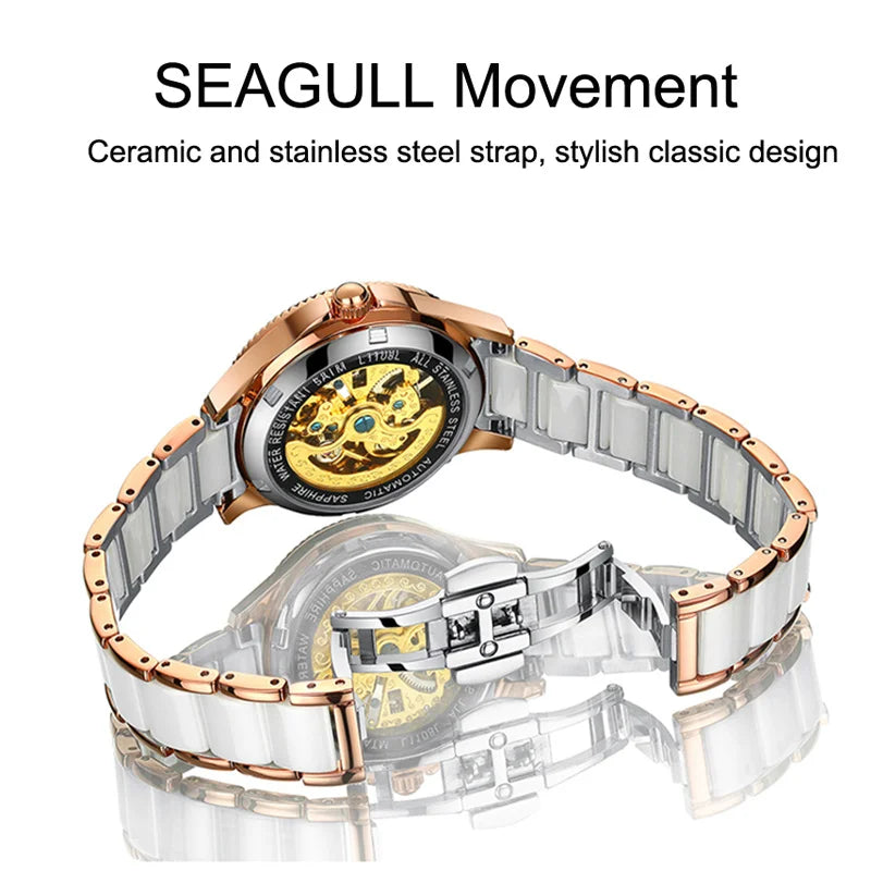 Diamond Bezel Shell Dial Women Watches Automatic Mechanical Premium Leather Strap Wrist Watches Ladies 5ATM Waterproof