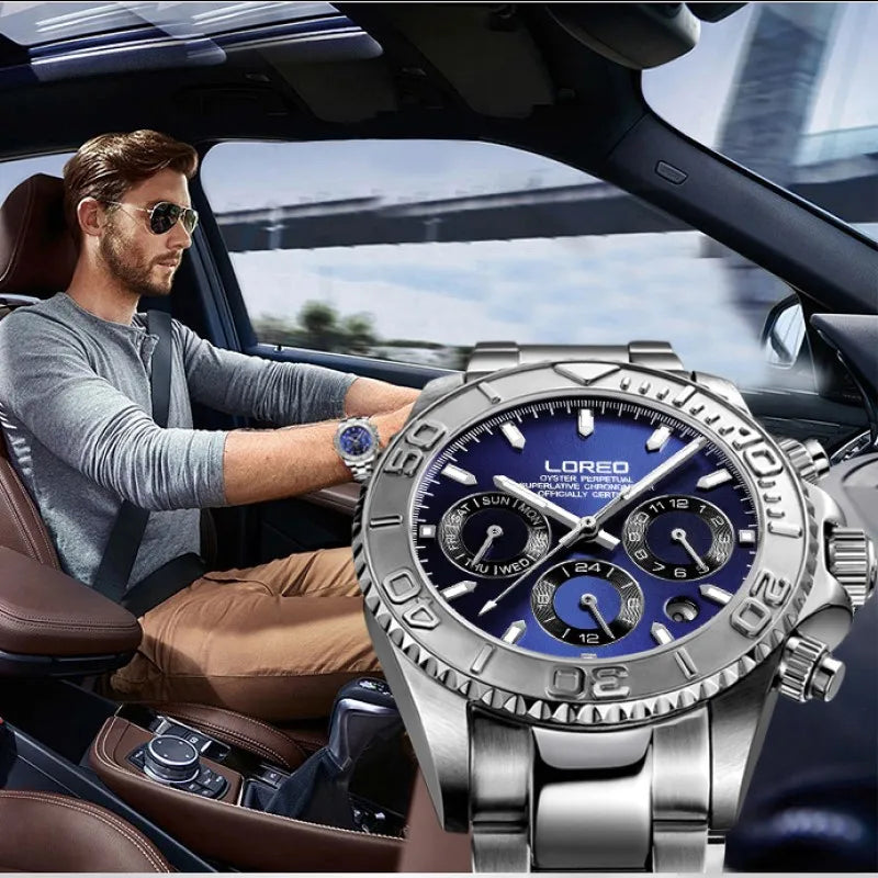 Fashion Multi Function Automatic Mechanical Wristwatch Luxury Brand LOREO Diver Watch 20Bar Screw Crown Leather Strap Clock 2024
