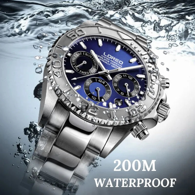 Fashion Multi Function Automatic Mechanical Wristwatch Luxury Brand LOREO Diver Watch 20Bar Screw Crown Leather Strap Clock 2024