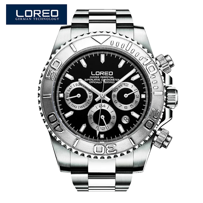 Fashion Multi Function Automatic Mechanical Wristwatch Luxury Brand LOREO Diver Watch 20Bar Screw Crown Leather Strap Clock 2024