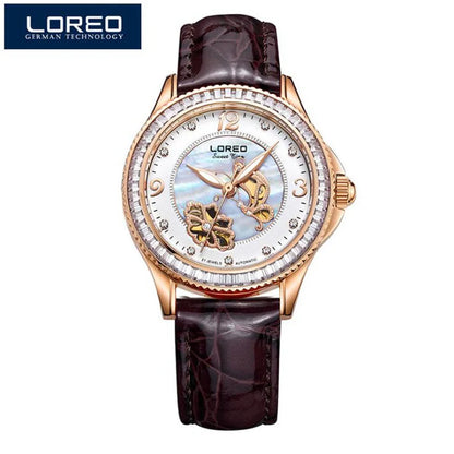 Diamond Bezel Shell Dial Women Watches Automatic Mechanical Premium Leather Strap Wrist Watches Ladies 5ATM Waterproof