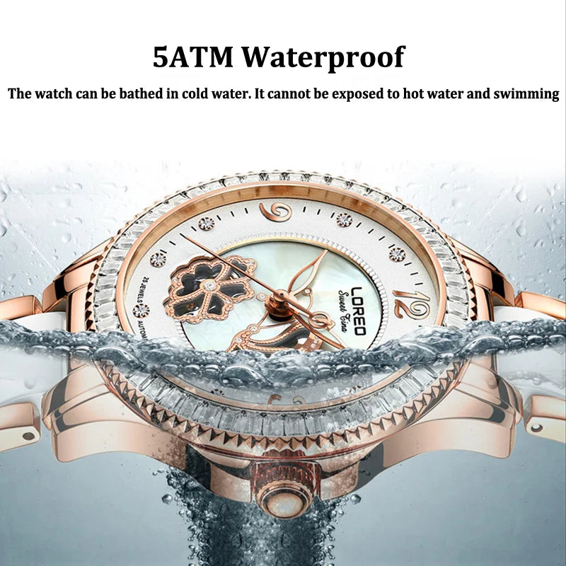 Diamond Bezel Shell Dial Women Watches Automatic Mechanical Premium Leather Strap Wrist Watches Ladies 5ATM Waterproof